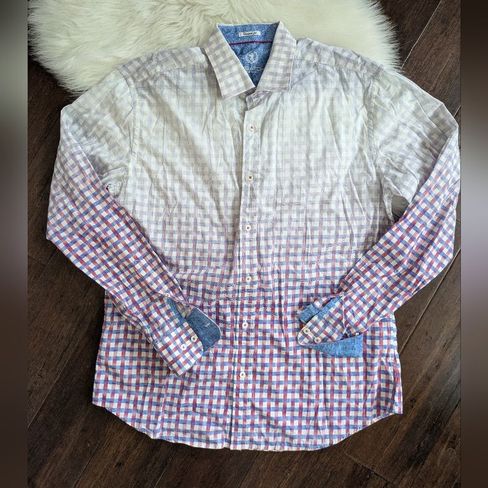 Bugatchi Men's Multicolor Red Blue Check Plaid Button-Up Shirt L Large